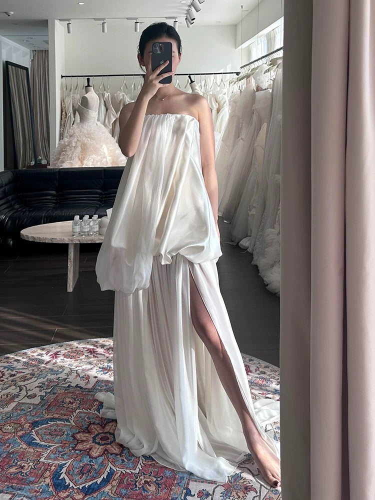 Robes de mariée style français coupe trapèze bustier satin blanc mousseline longue robe de mariée N3501