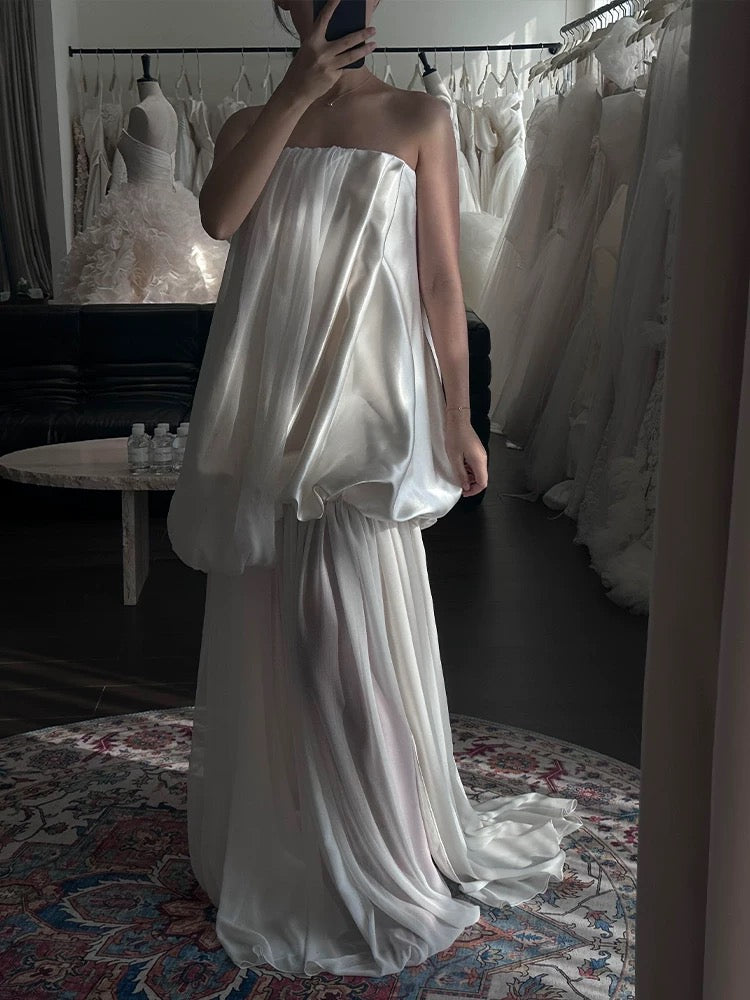 Robes de mariée style français coupe trapèze bustier satin blanc mousseline longue robe de mariée N3501
