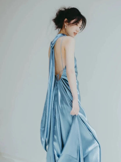 Schlichtes Meerjungfrau Halter Neck Satin Abendkleid mit Band für sommerliche Strandhochzeiten N3505