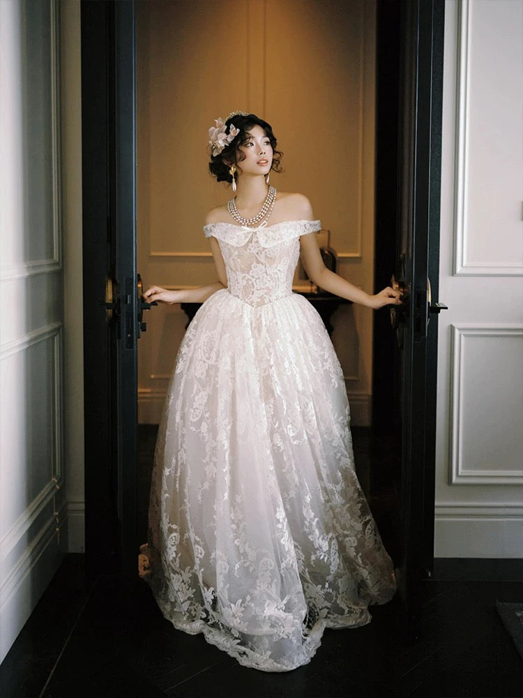 Robes de mariée style français, robe de bal, épaules dénudées, dentelle blanche, robe longue de mariée N3506