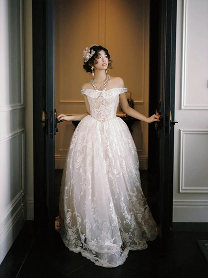 Robes de mariée style français, robe de bal, épaules dénudées, dentelle blanche, robe longue de mariée N3506