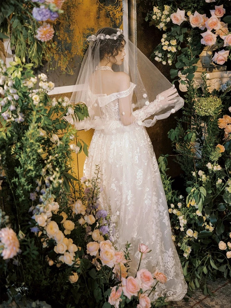 Robes de mariée style français, robe de bal, épaules dénudées, dentelle blanche, robe longue de mariée N3506