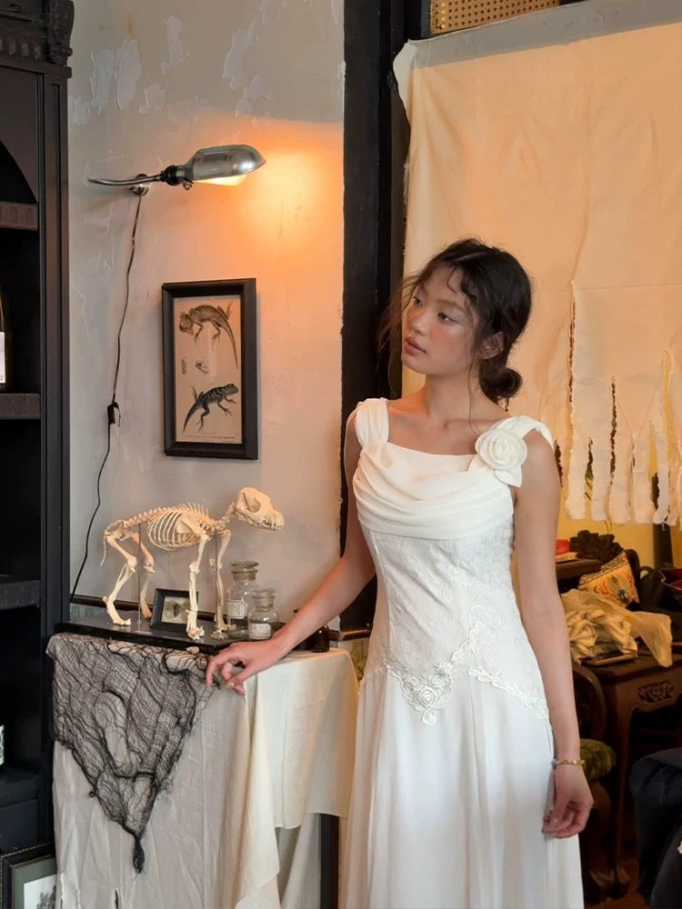 French Style Wedding Dresses Mermaid Square Neck Lace Flower White Long Brides Gown N3507