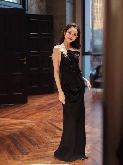 Robe sirène simple noire, en satin, dos nu, pour soirée, été, plage, mariage, invitée N3508