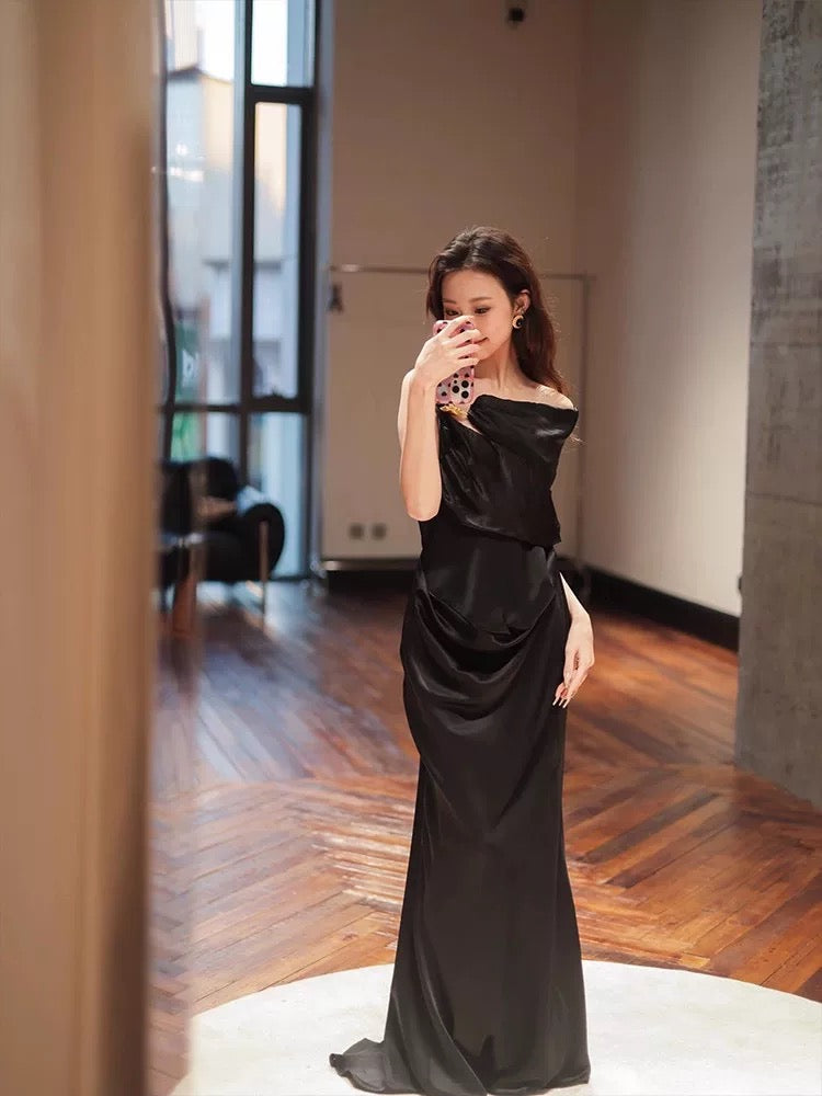 Robe sirène simple noire, en satin, dos nu, pour soirée, été, plage, mariage, invitée N3508