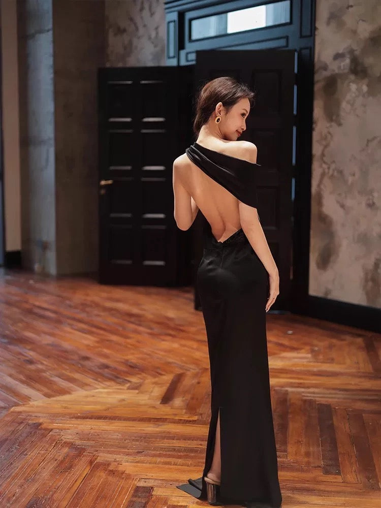 Robe sirène simple noire, en satin, dos nu, pour soirée, été, plage, mariage, invitée N3508