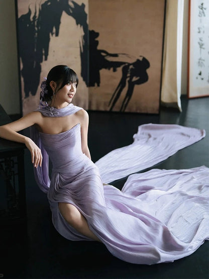 Charming Mermaid Strapless Lilac With Scarf Evening Summer Beach Formal Wedding Guest Dress N3510