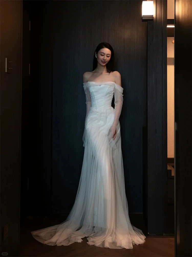 Französischer Stil Brautkleider Meerjungfrau Off-Shoulder mit langen Ärmeln Weißer Tüll Brautkleid N3511