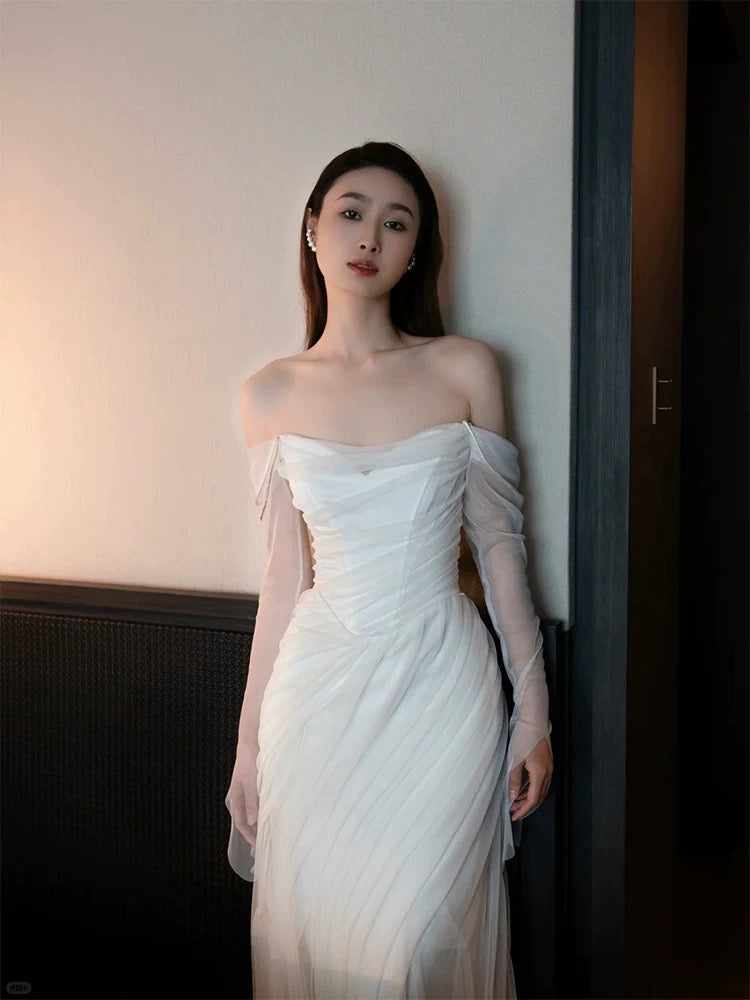 Französischer Stil Brautkleider Meerjungfrau Off-Shoulder mit langen Ärmeln Weißer Tüll Brautkleid N3511