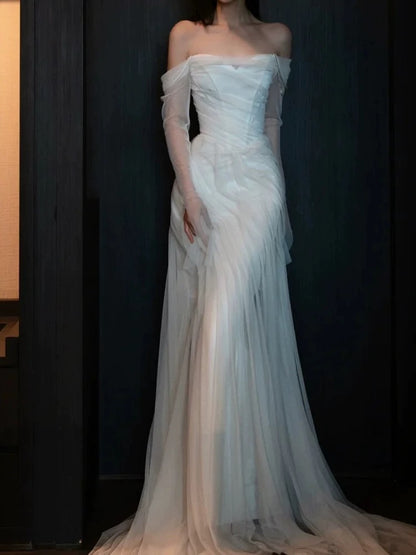 Französischer Stil Brautkleider Meerjungfrau Off-Shoulder mit langen Ärmeln Weißer Tüll Brautkleid N3511