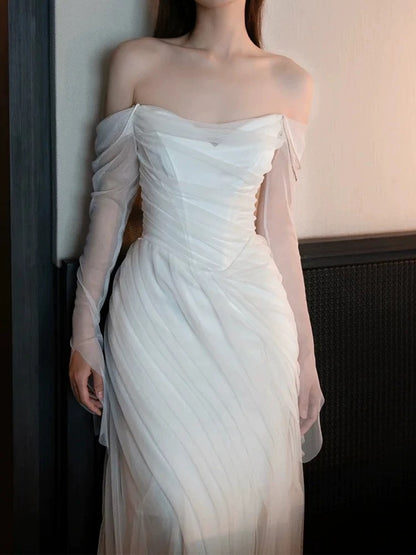 Französischer Stil Brautkleider Meerjungfrau Off-Shoulder mit langen Ärmeln Weißer Tüll Brautkleid N3511