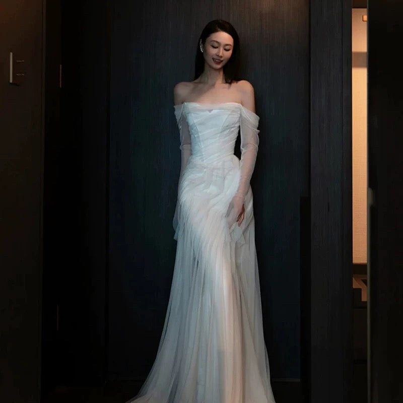 Französischer Stil Brautkleider Meerjungfrau Off-Shoulder mit langen Ärmeln Weißer Tüll Brautkleid N3511