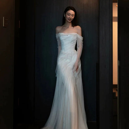 Französischer Stil Brautkleider Meerjungfrau Off-Shoulder mit langen Ärmeln Weißer Tüll Brautkleid N3511