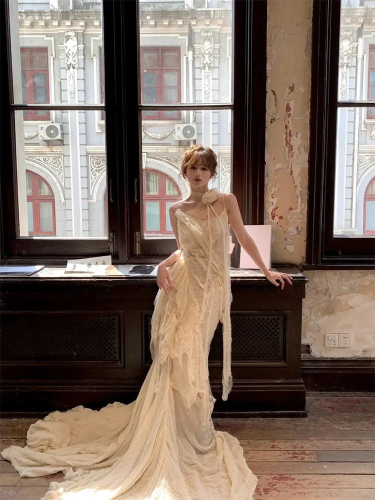 Romantische Brautkleider Meerjungfrau Spaghetti-Träger Spitze und Chiffon Weiß Sommer Strand Langes Hochzeitskleid N3910
