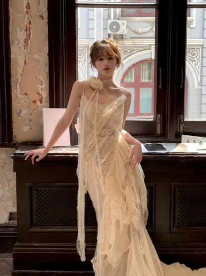 Romantische Brautkleider Meerjungfrau Spaghetti-Träger Spitze und Chiffon Weiß Sommer Strand Langes Hochzeitskleid N3910