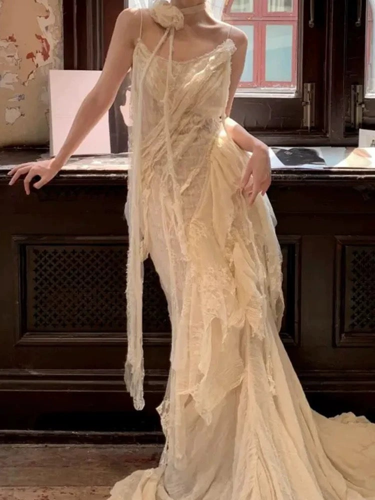 Romantische Brautkleider Meerjungfrau Spaghetti-Träger Spitze und Chiffon Weiß Sommer Strand Langes Hochzeitskleid N3910