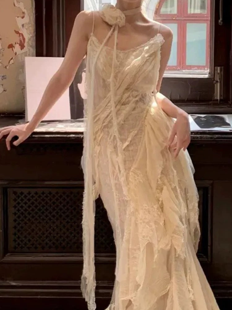 Romantische Brautkleider Meerjungfrau Spaghetti-Träger Spitze und Chiffon Weiß Sommer Strand Langes Hochzeitskleid N3910