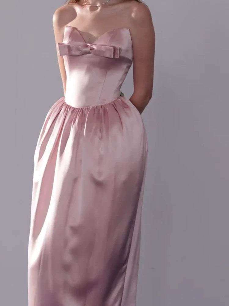 Robe de soirée rose en satin coupe trapèze simple avec nœud papillon pour invitée de mariage formel N3913