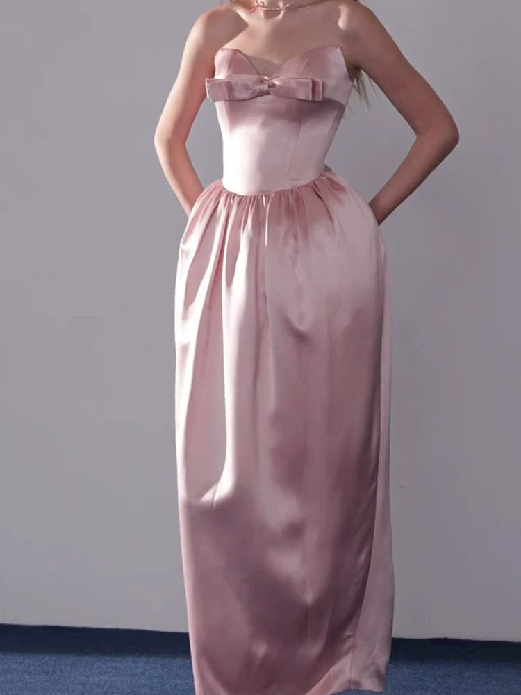 Robe de soirée rose en satin coupe trapèze simple avec nœud papillon pour invitée de mariage formel N3913