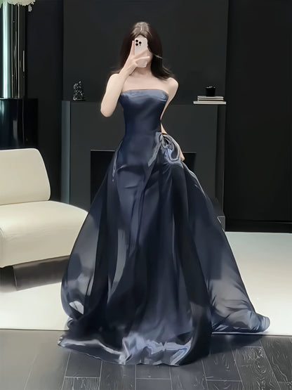 Charmante Abschlussballkleider Meerjungfrau Trägerlos Marineblau Organza Langes Abendkleid N3914