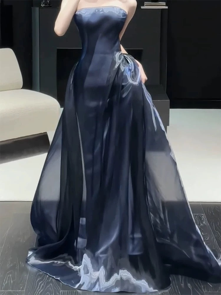 Charmante Abschlussballkleider Meerjungfrau Trägerlos Marineblau Organza Langes Abendkleid N3914