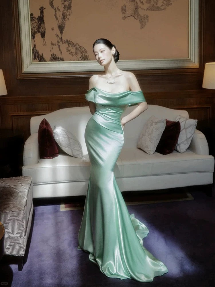 Charmantes Robes de Bal Sirène Épaules Dénudées Vert Menthe Satin Longue Robe de Soirée Formelle N3915