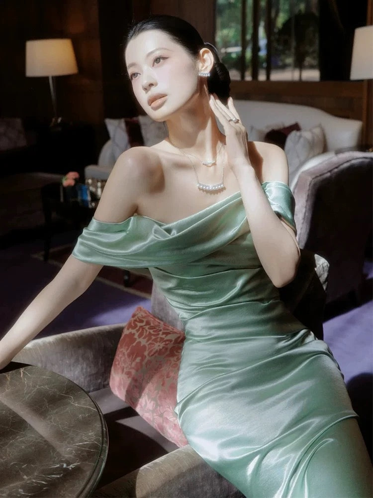 Charmantes Robes de Bal Sirène Épaules Dénudées Vert Menthe Satin Longue Robe de Soirée Formelle N3915