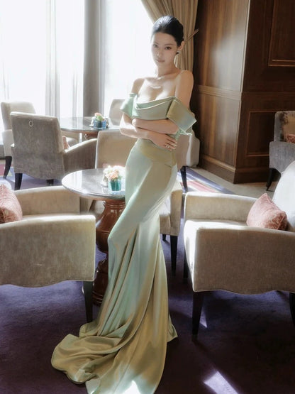 Charmantes Robes de Bal Sirène Épaules Dénudées Vert Menthe Satin Longue Robe de Soirée Formelle N3915