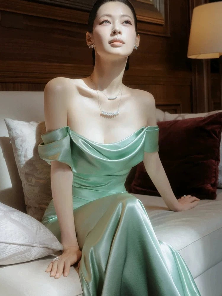 Charmantes Robes de Bal Sirène Épaules Dénudées Vert Menthe Satin Longue Robe de Soirée Formelle N3915