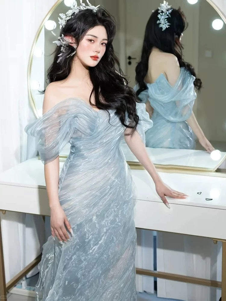 Charmante Abschlussballkleider Meerjungfrau schulterfrei Hellblau Organza Langes formelles Abendkleid N3917