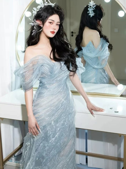 Charmante Abschlussballkleider Meerjungfrau schulterfrei Hellblau Organza Langes formelles Abendkleid N3917