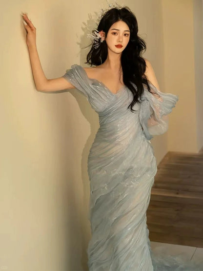 Charmante Abschlussballkleider Meerjungfrau schulterfrei Hellblau Organza Langes formelles Abendkleid N3917