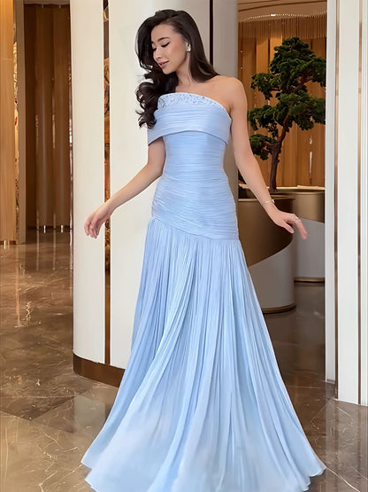 Charmante Abschlussballkleider Meerjungfrau One Shoulder Chiffon Blau Perlen Lang Formelles Abendkleid N3918