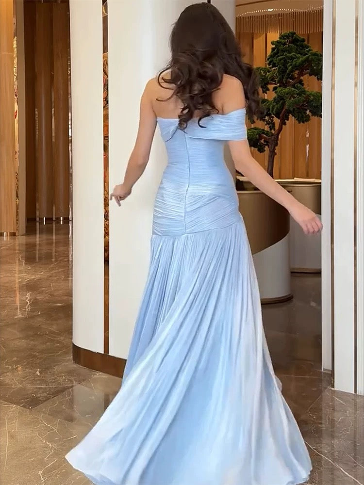 Charmante Abschlussballkleider Meerjungfrau One Shoulder Chiffon Blau Perlen Lang Formelles Abendkleid N3918