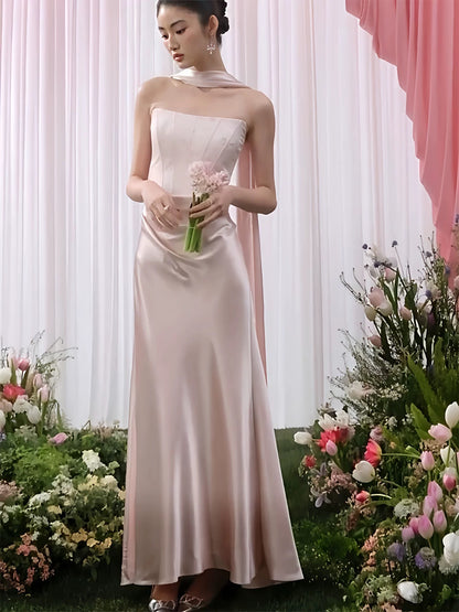 Einfaches Meerjungfrau Trägerloses Satin Pink Abendkleid mit Schal Sommer Strand Formelles Hochzeitsgastkleid N3919
