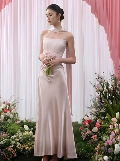 Einfaches Meerjungfrau Trägerloses Satin Pink Abendkleid mit Schal Sommer Strand Formelles Hochzeitsgastkleid N3919