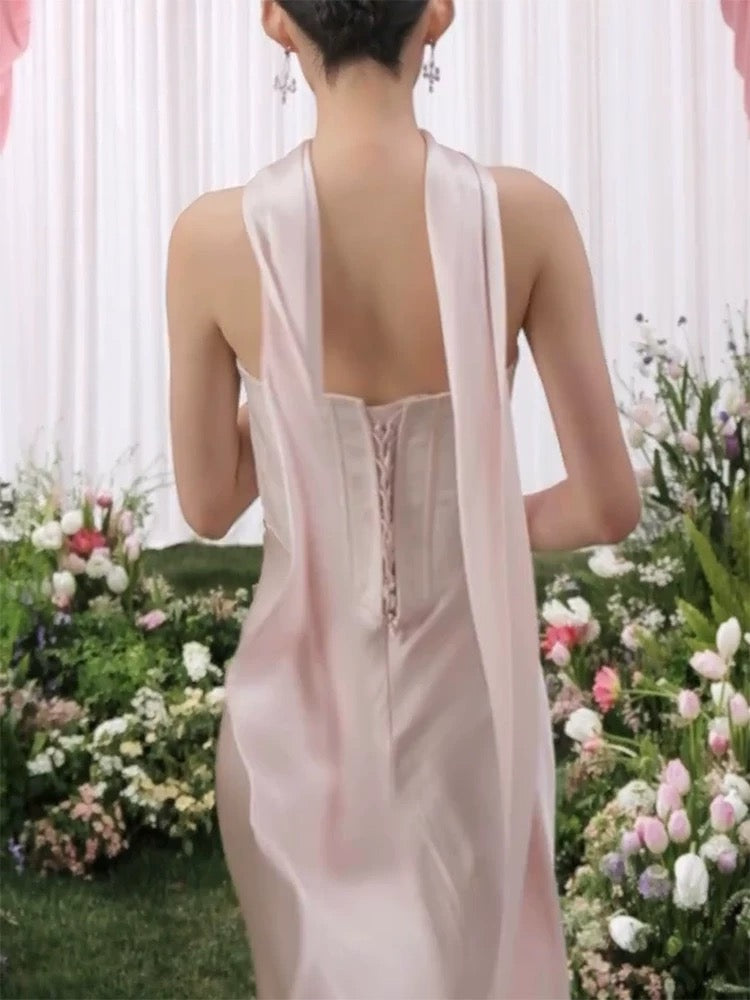 Einfaches Meerjungfrau Trägerloses Satin Pink Abendkleid mit Schal Sommer Strand Formelles Hochzeitsgastkleid N3919