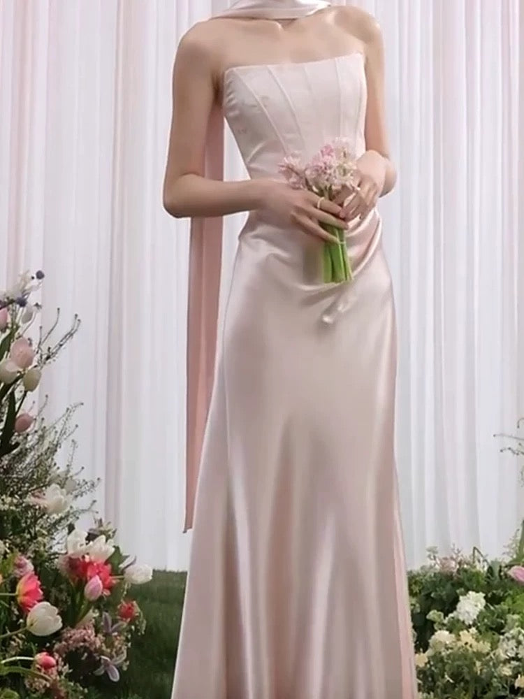 Einfaches Meerjungfrau Trägerloses Satin Pink Abendkleid mit Schal Sommer Strand Formelles Hochzeitsgastkleid N3919