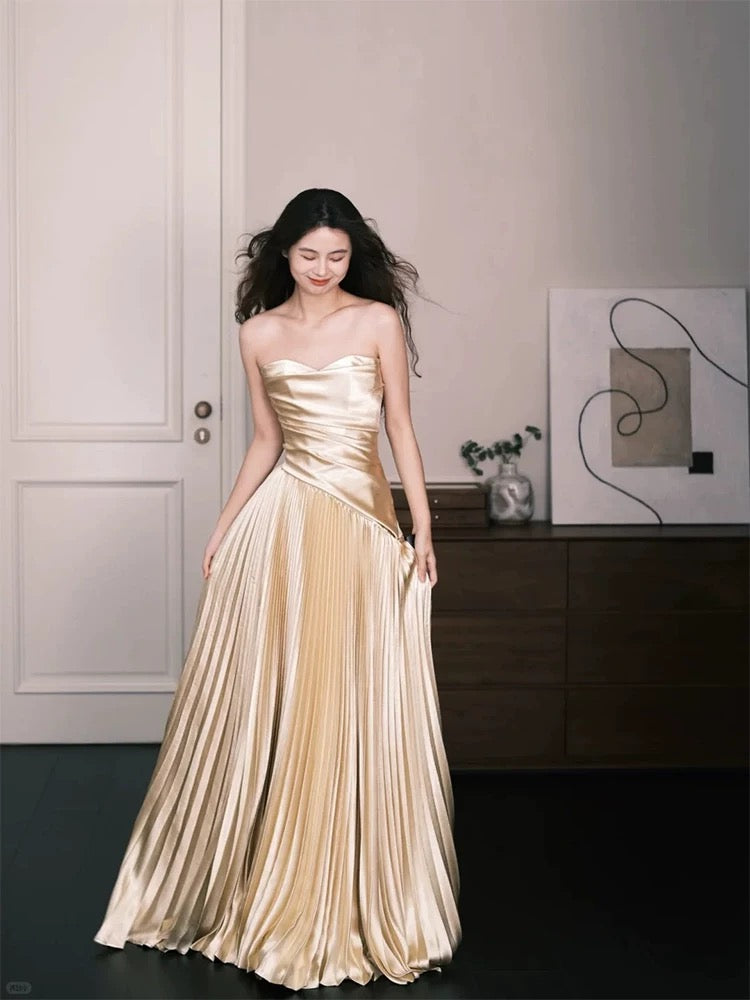 Simple A Line Sweetheart Gold Satin Evening Spring Summer Beach Formal Wedding Guest Dresses N3922