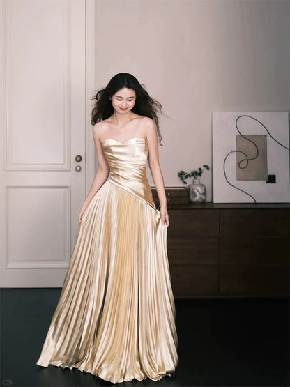 Simple A Line Sweetheart Gold Satin Evening Spring Summer Beach Formal Wedding Guest Dresses N3922