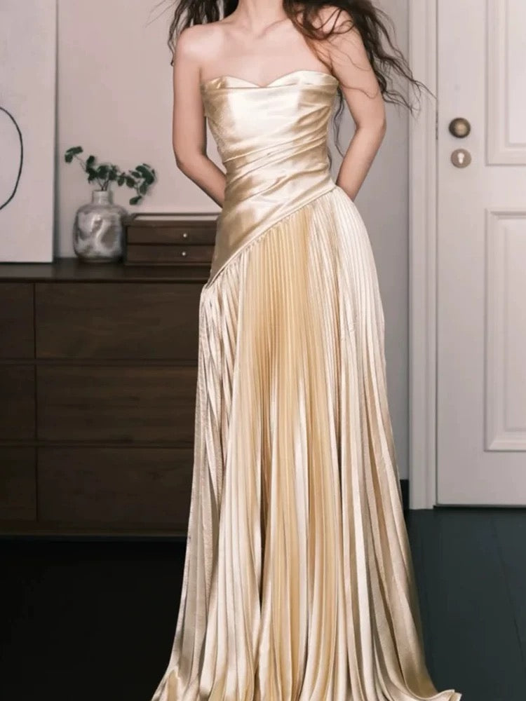 Simple A Line Sweetheart Gold Satin Evening Spring Summer Beach Formal Wedding Guest Dresses N3922