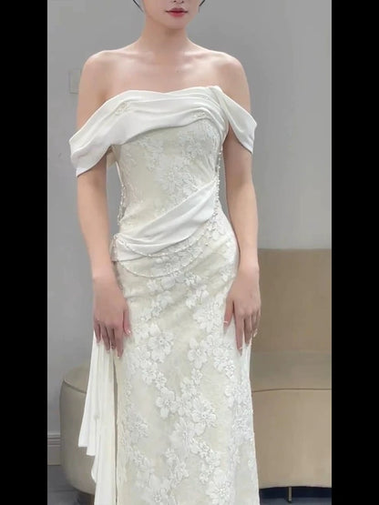 Romantic Wedding Dresses Mermaid Off The Shoulder With Lace Satin Summer Garden Wedding Gown N3926