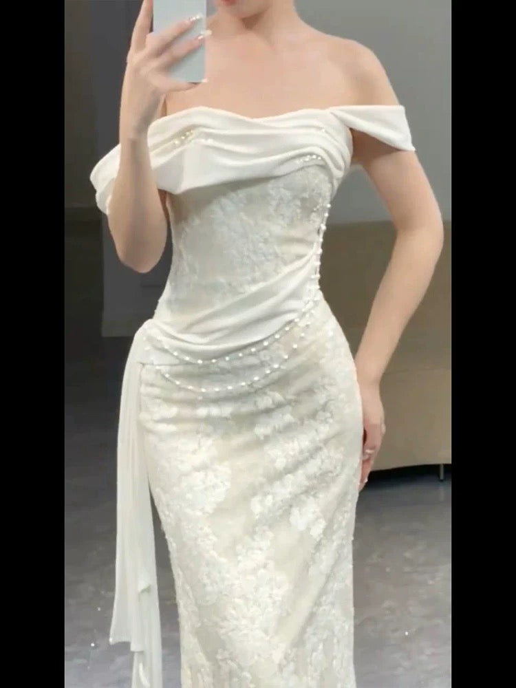 Romantic Wedding Dresses Mermaid Off The Shoulder With Lace Satin Summer Garden Wedding Gown N3926