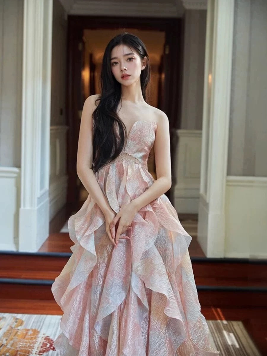 Jolies robes de bal de promo, robe de bal rose cœur avec volants, longue robe de soirée formelle N3927