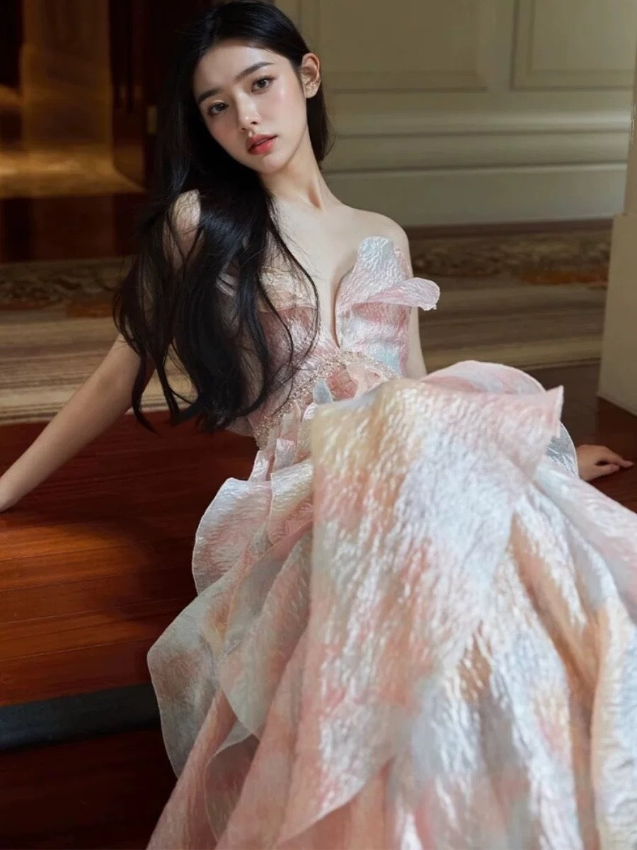 Jolies robes de bal de promo, robe de bal rose cœur avec volants, longue robe de soirée formelle N3927