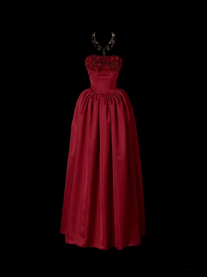 Robes de bal mignonnes sans bretelles bordeaux avec des fleurs 3D, longue robe de soirée formelle N3929