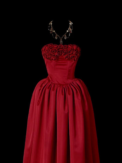 Robes de bal mignonnes sans bretelles bordeaux avec des fleurs 3D, longue robe de soirée formelle N3929