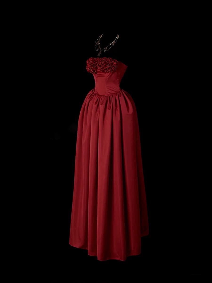 Robes de bal mignonnes sans bretelles bordeaux avec des fleurs 3D, longue robe de soirée formelle N3929