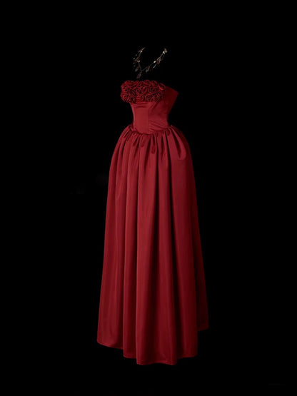 Robes de bal mignonnes sans bretelles bordeaux avec des fleurs 3D, longue robe de soirée formelle N3929