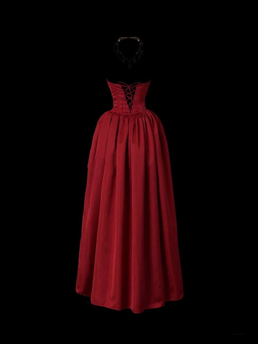 Robes de bal mignonnes sans bretelles bordeaux avec des fleurs 3D, longue robe de soirée formelle N3929